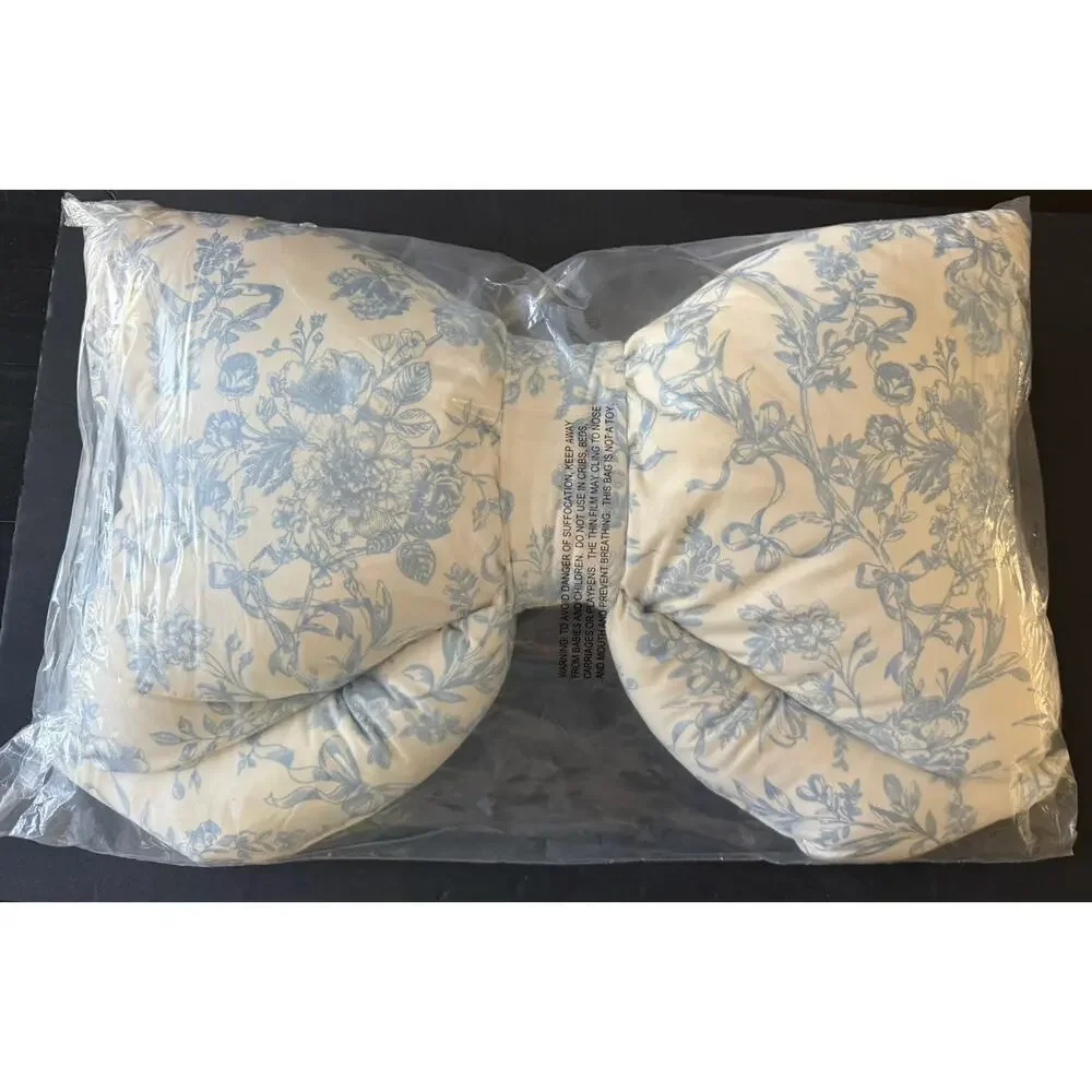 Envogue Blue Floral Toile Pattern Decor Bow Pillow Viral Coquette Cottagecore